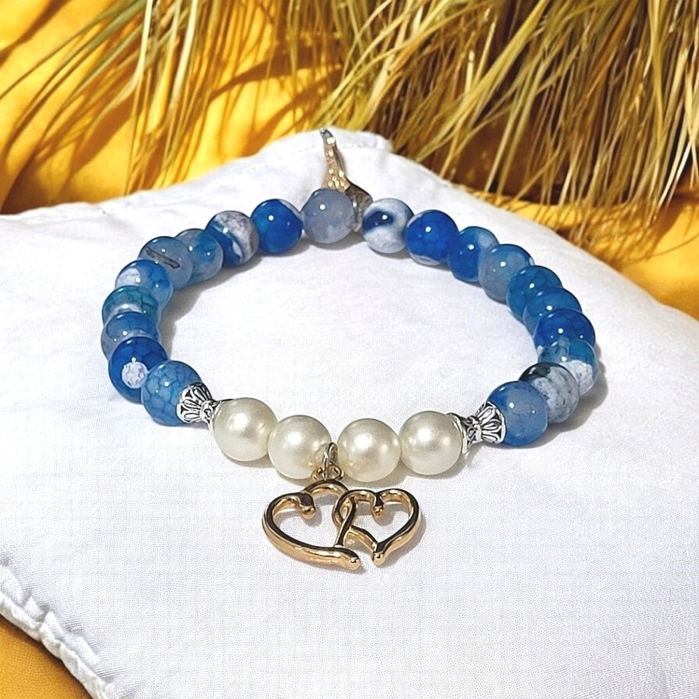 Handmade Ocean Theme Glass Bead Bracelet With Faux Pearls And Gold Tone Charms